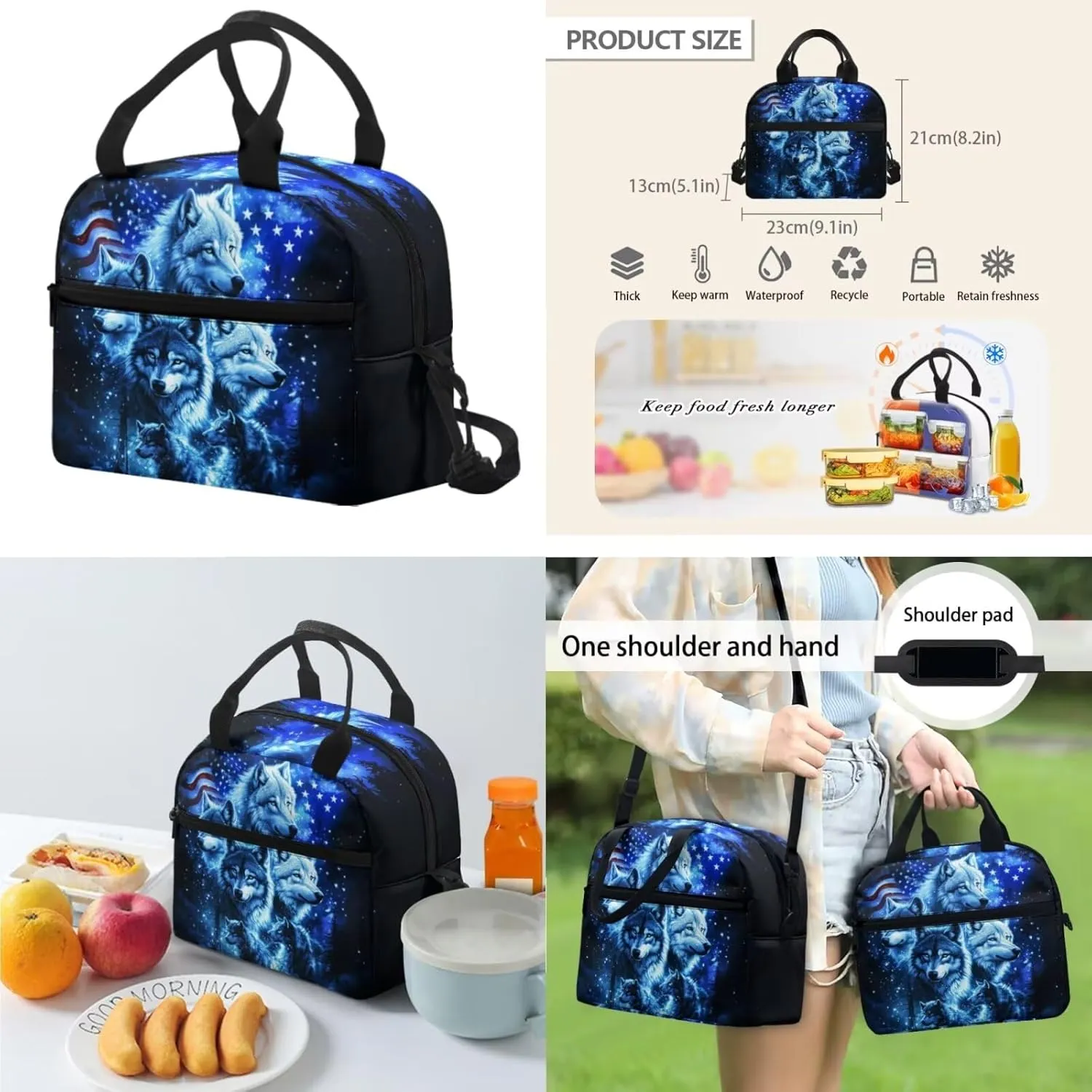 2nd Grade Blue Wolf Backpack with Lunch Box Boys 7-8 17 Inch Cool Bookbag Set for Elementary School Travel Outdoor Adventures American Flag School Bag