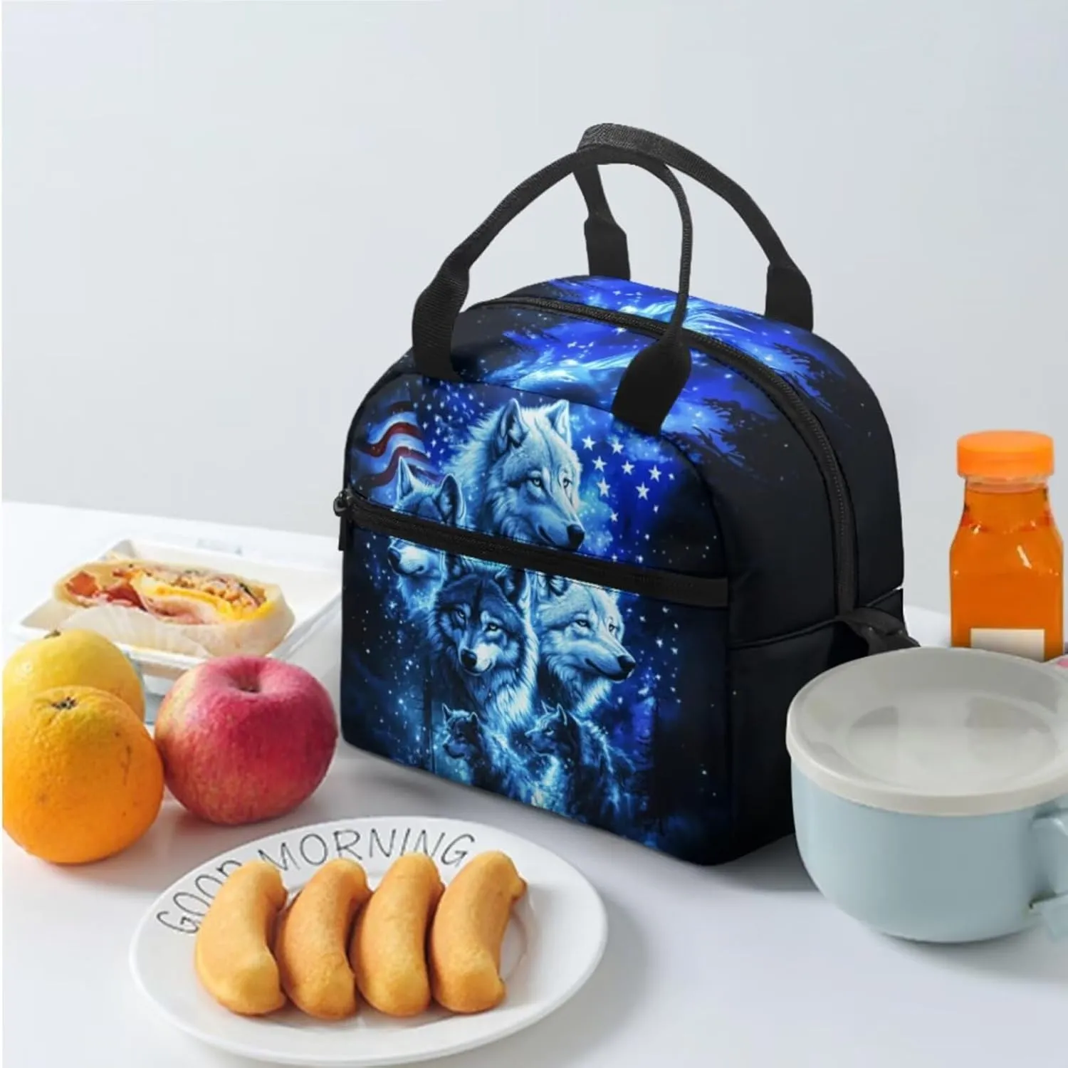 2nd Grade Blue Wolf Backpack with Lunch Box Boys 7-8 17 Inch Cool Bookbag Set for Elementary School Travel Outdoor Adventures American Flag School Bag
