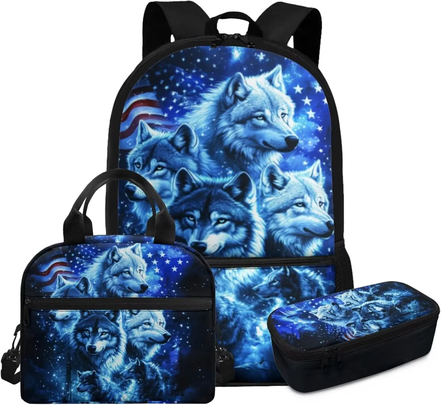 2nd Grade Blue Wolf Backpack with Lunch Box Boys 7-8 17 Inch Cool Bookbag Set for Elementary School Travel Outdoor Adventures American Flag School Bag
