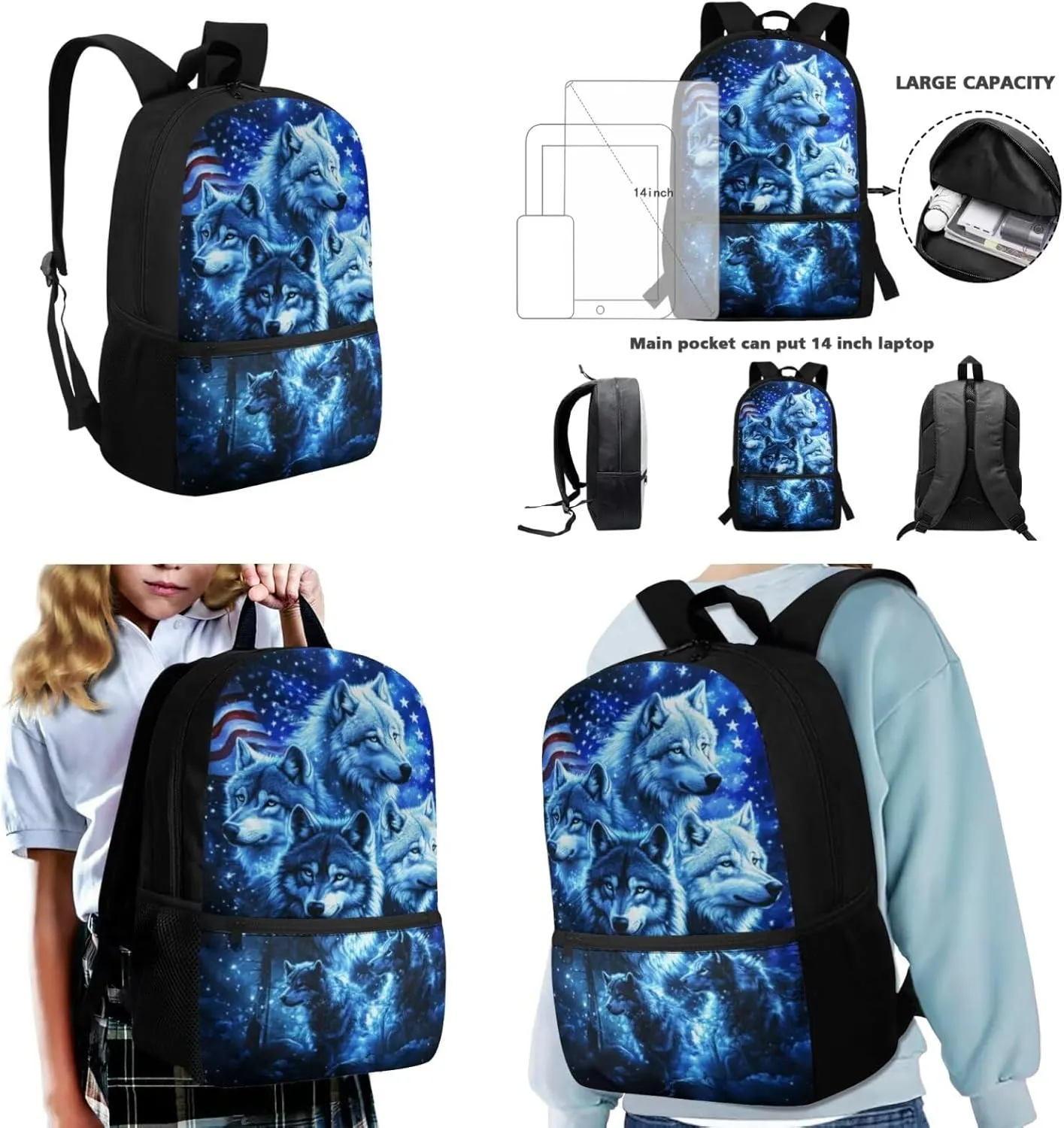 2nd Grade Blue Wolf Backpack with Lunch Box Boys 7-8 17 Inch Cool Bookbag Set for Elementary School Travel Outdoor Adventures American Flag School Bag