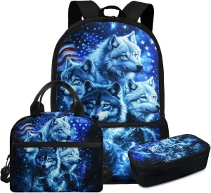 2nd Grade Blue Wolf Backpack with Lunch Box Boys 7-8 17 Inch Cool Bookbag Set for Elementary School Travel Outdoor Adventures American Flag School Bag
