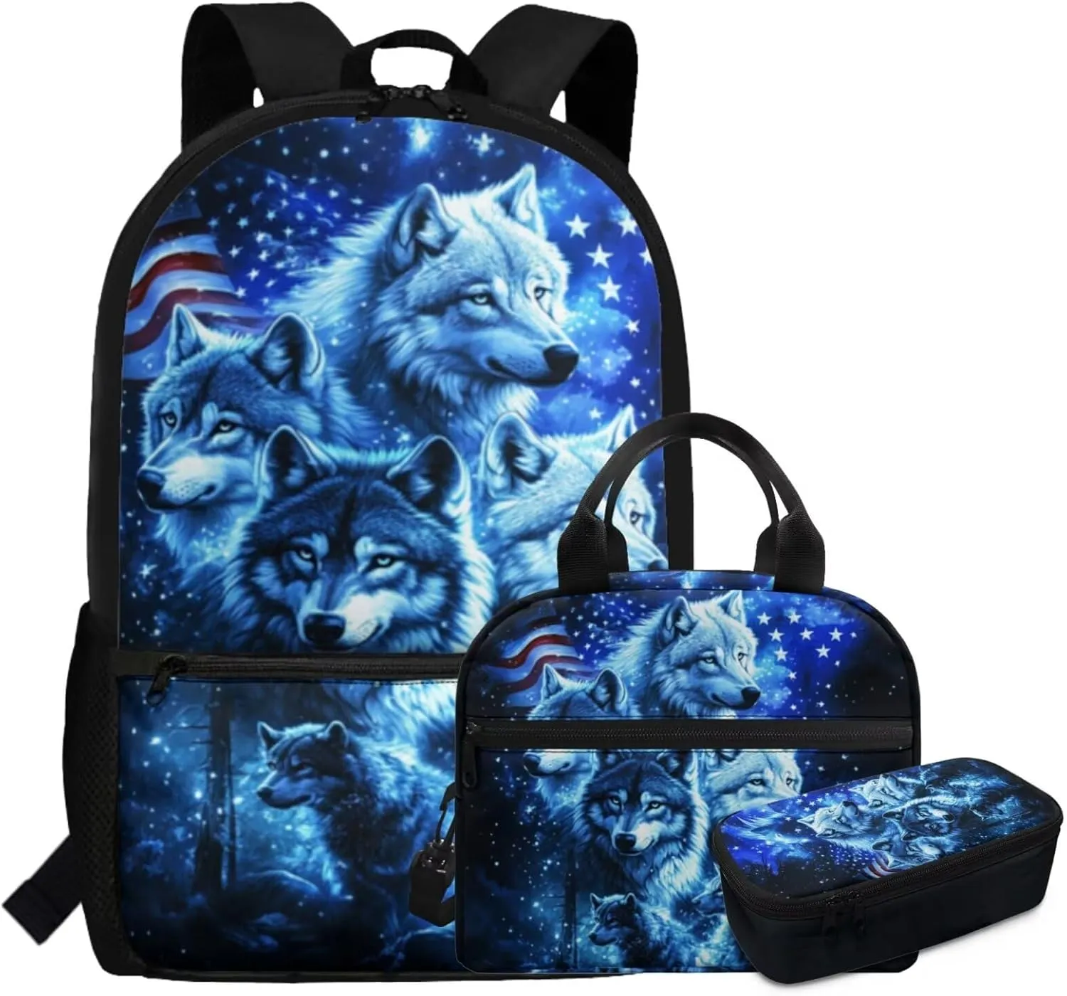 2nd Grade Blue Wolf Backpack with Lunch Box Boys 7-8 17 Inch Cool Bookbag Set for Elementary School Travel Outdoor Adventures American Flag School Bag