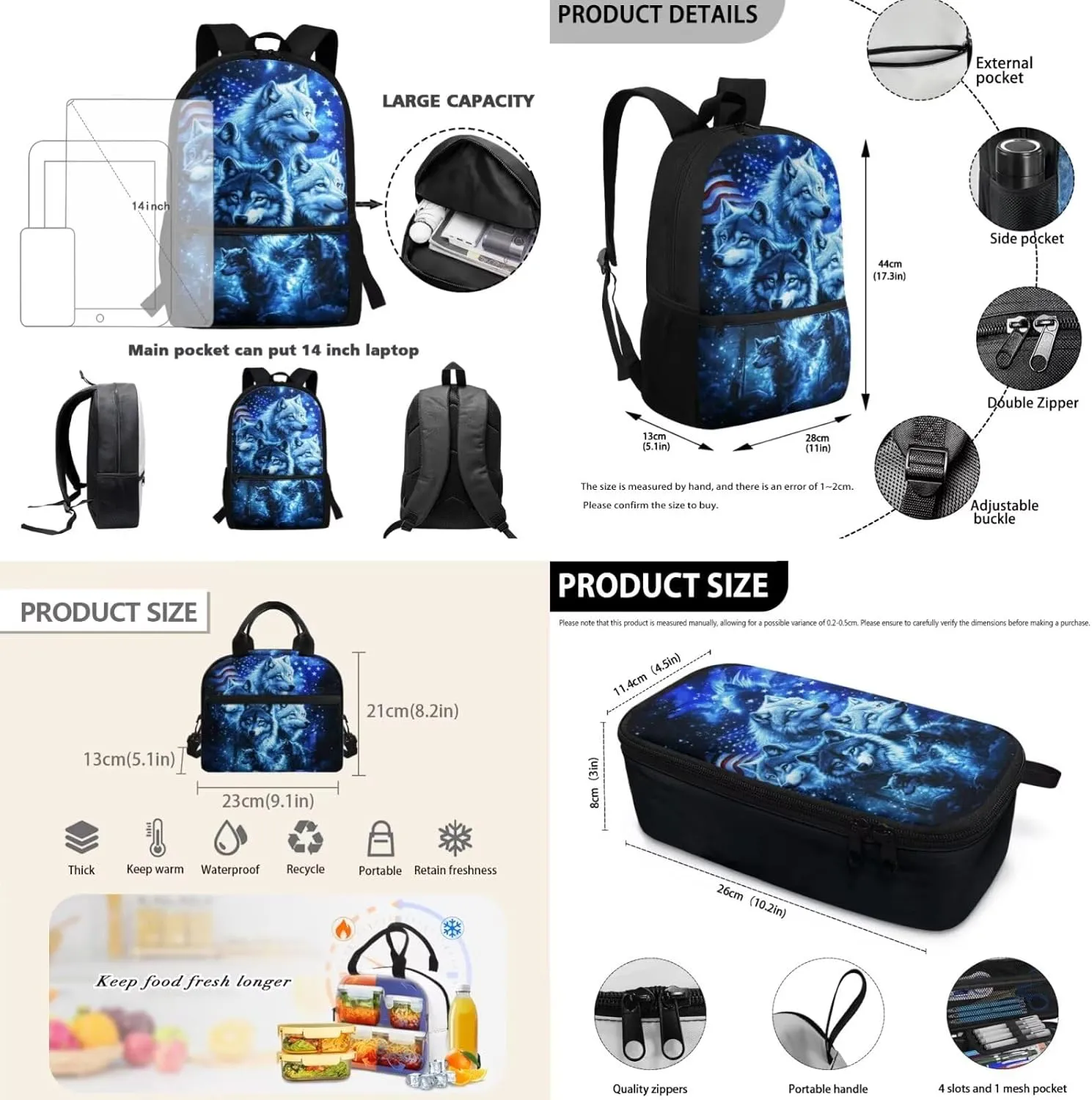 2nd Grade Blue Wolf Backpack with Lunch Box Boys 7-8 17 Inch Cool Bookbag Set for Elementary School Travel Outdoor Adventures American Flag School Bag