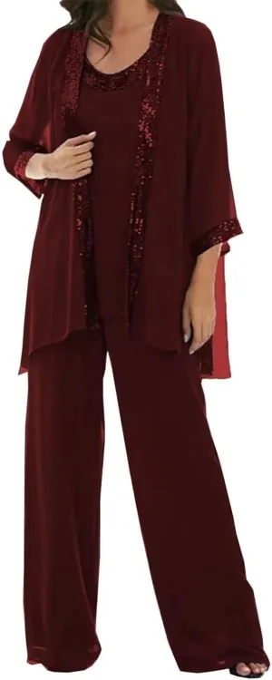 3 Pcs Mother of The Bride Dresses Pantsuit for Wedding 3/4 Sleeves Formal Pants Outfit with Jacket