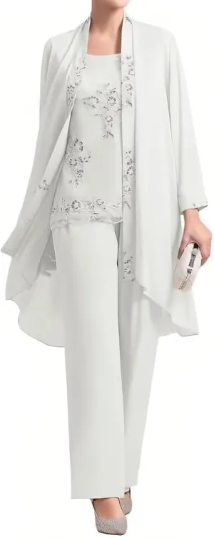 3 Piece Mother of Bride Pant Suits Elegant Chiffon Sets Plus Size Lace Formal Wedding Guest Outfit with Jacket