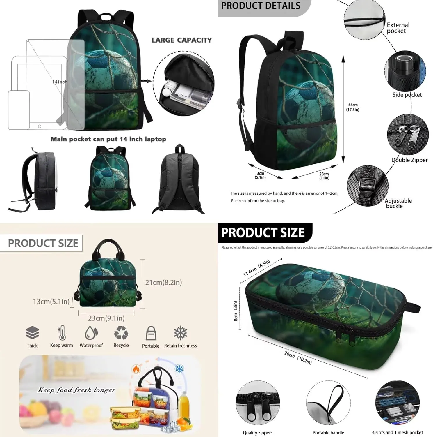 5th Grade School Bag with Lunchbox Cool Soccer Backpack with Lunch Box Kids Age 11 Lightweight Bookbag Set for Outdoor Classroom Ergonomic