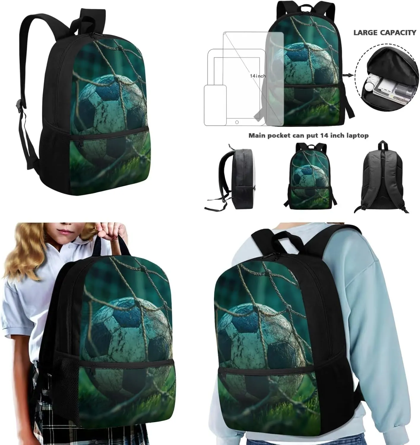 5th Grade School Bag with Lunchbox Cool Soccer Backpack with Lunch Box Kids Age 11 Lightweight Bookbag Set for Outdoor Classroom Ergonomic
