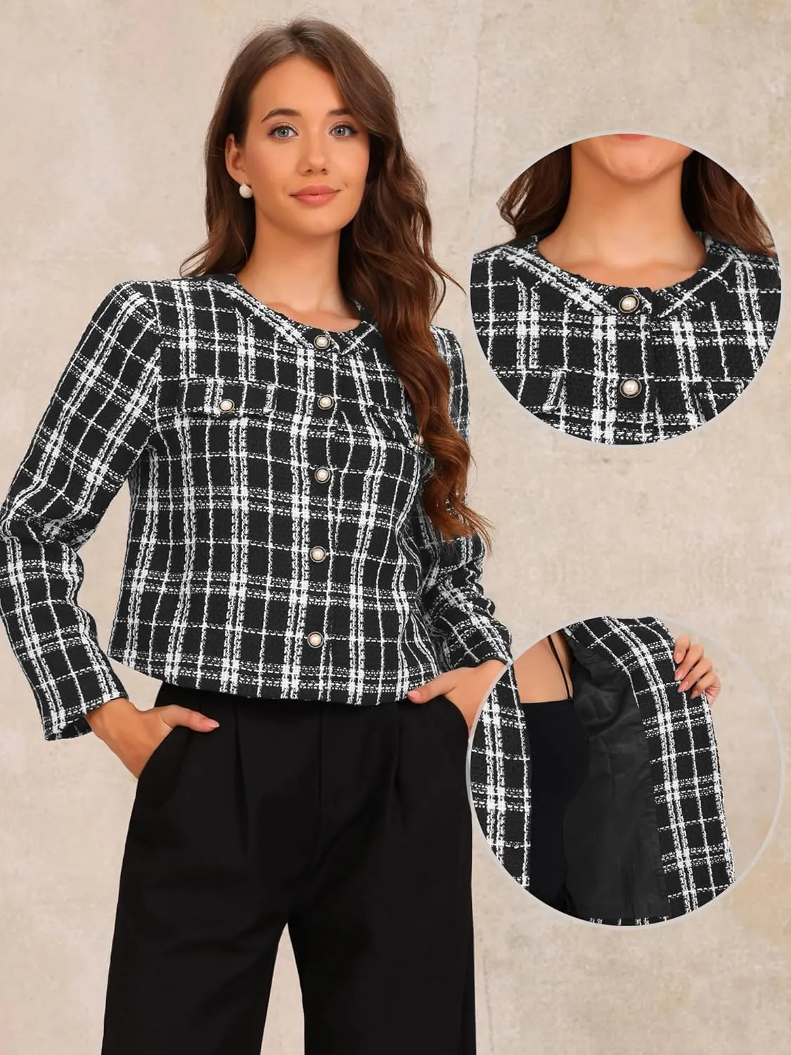 Allegra K Plaid Tweed Blazer for Women's Crew Neck Work Office Cropped Blazer Jacket