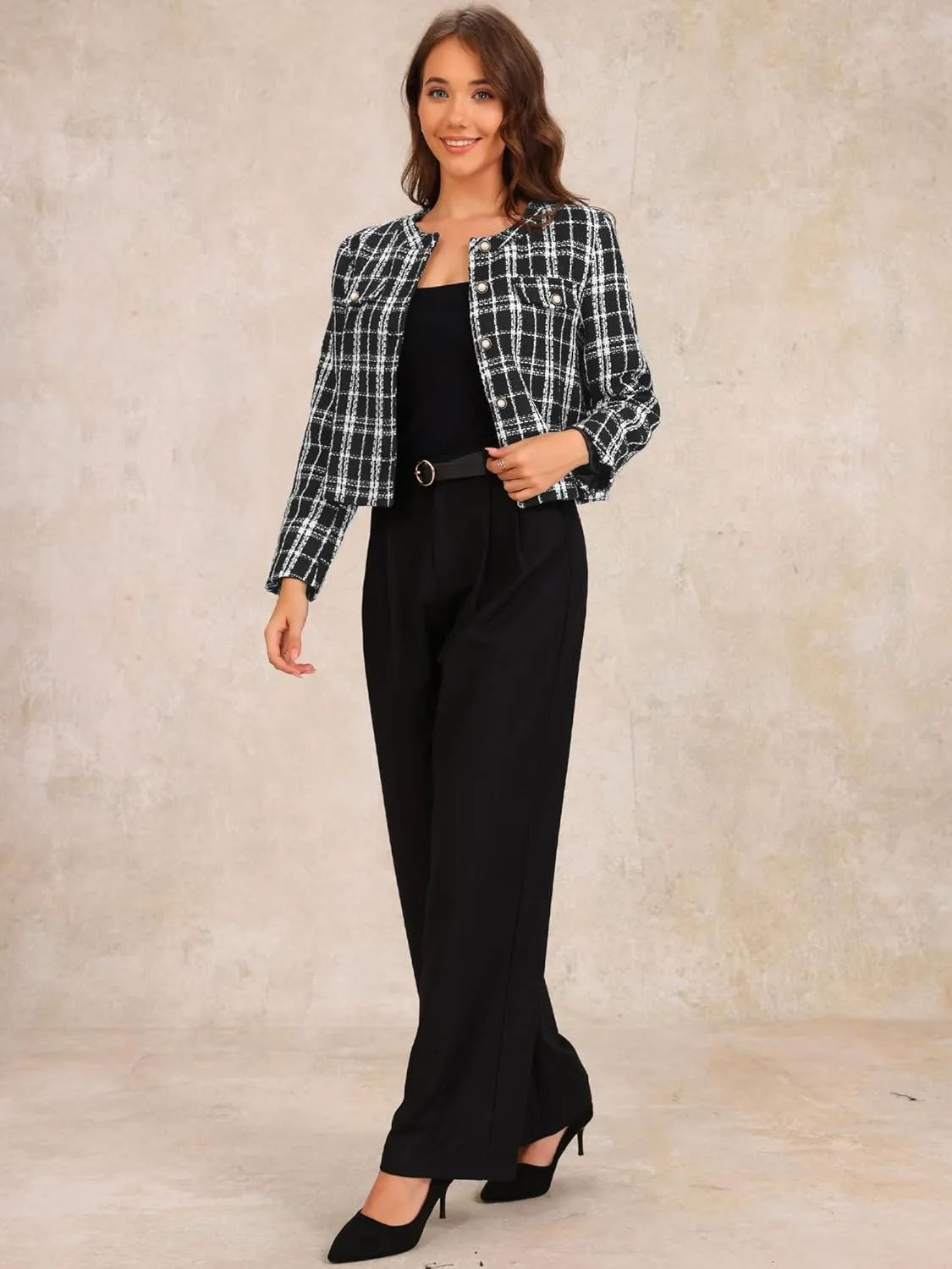 Allegra K Plaid Tweed Blazer for Women's Crew Neck Work Office Cropped Blazer Jacket