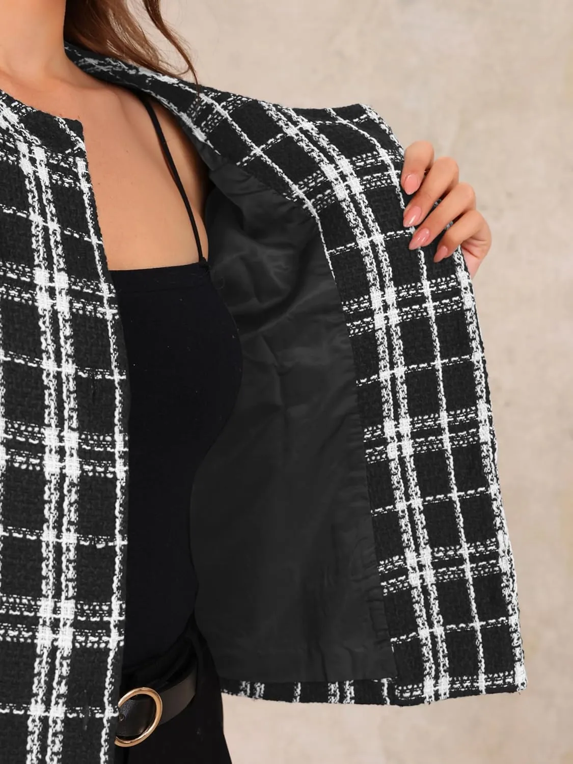 Allegra K Plaid Tweed Blazer for Women's Crew Neck Work Office Cropped Blazer Jacket