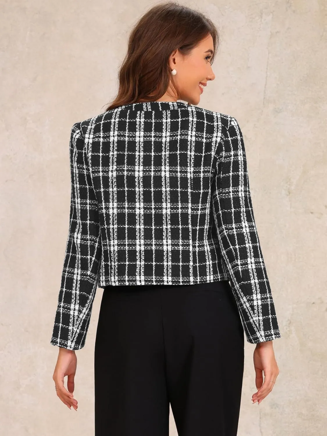 Allegra K Plaid Tweed Blazer for Women's Crew Neck Work Office Cropped Blazer Jacket