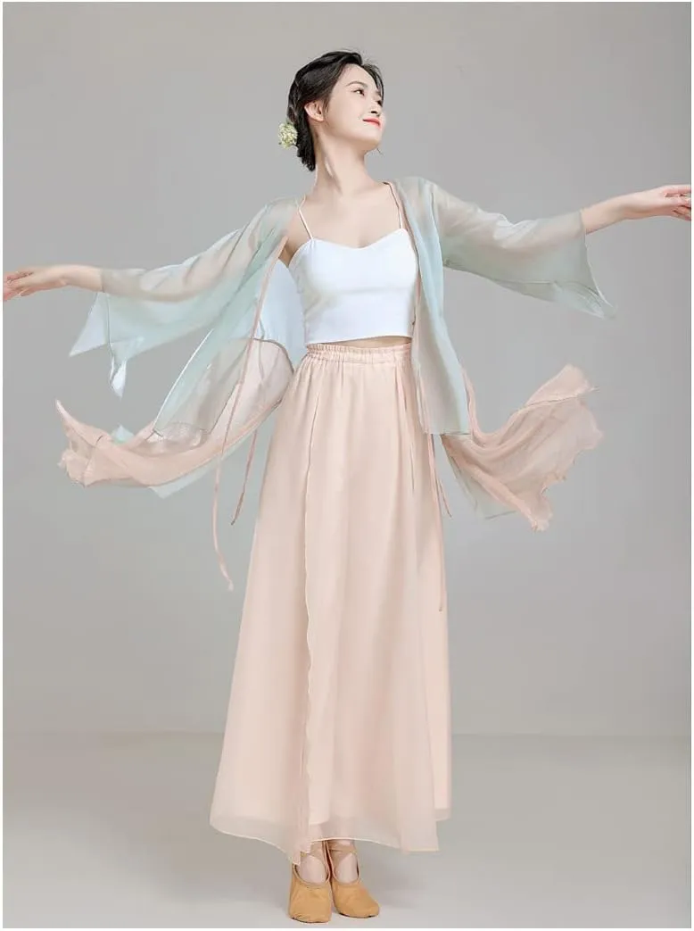 Angcoco Women's Long Sleeve Slit Ruffled Hem Chiffon Shirt Self-tie Cardigan Top