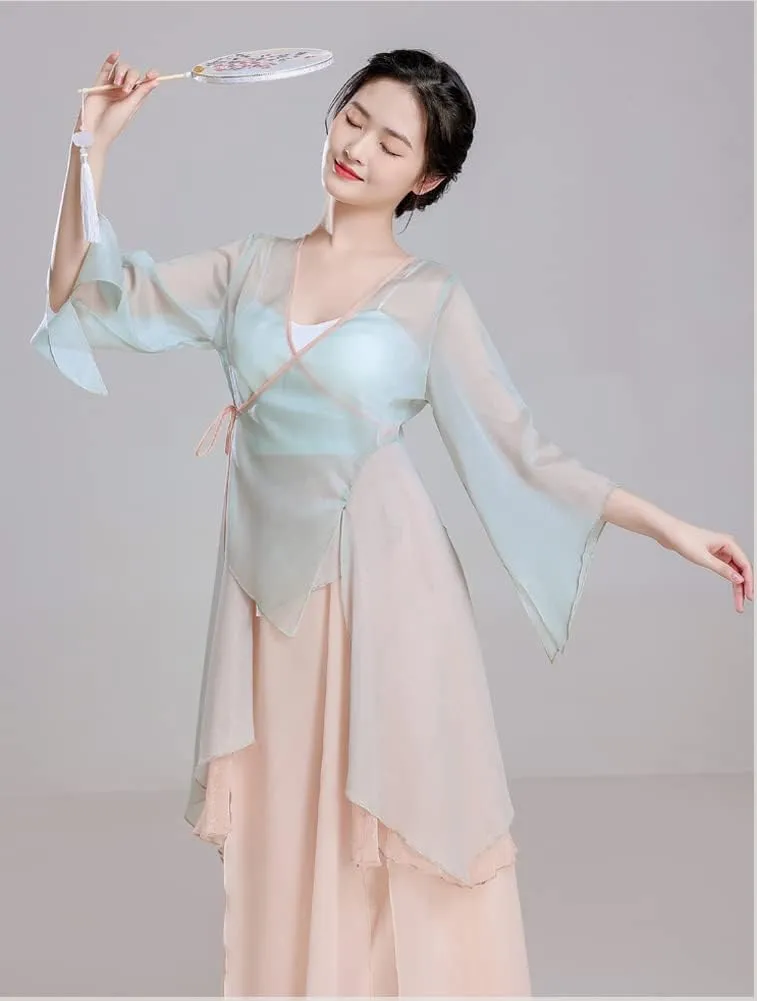 Angcoco Women's Long Sleeve Slit Ruffled Hem Chiffon Shirt Self-tie Cardigan Top