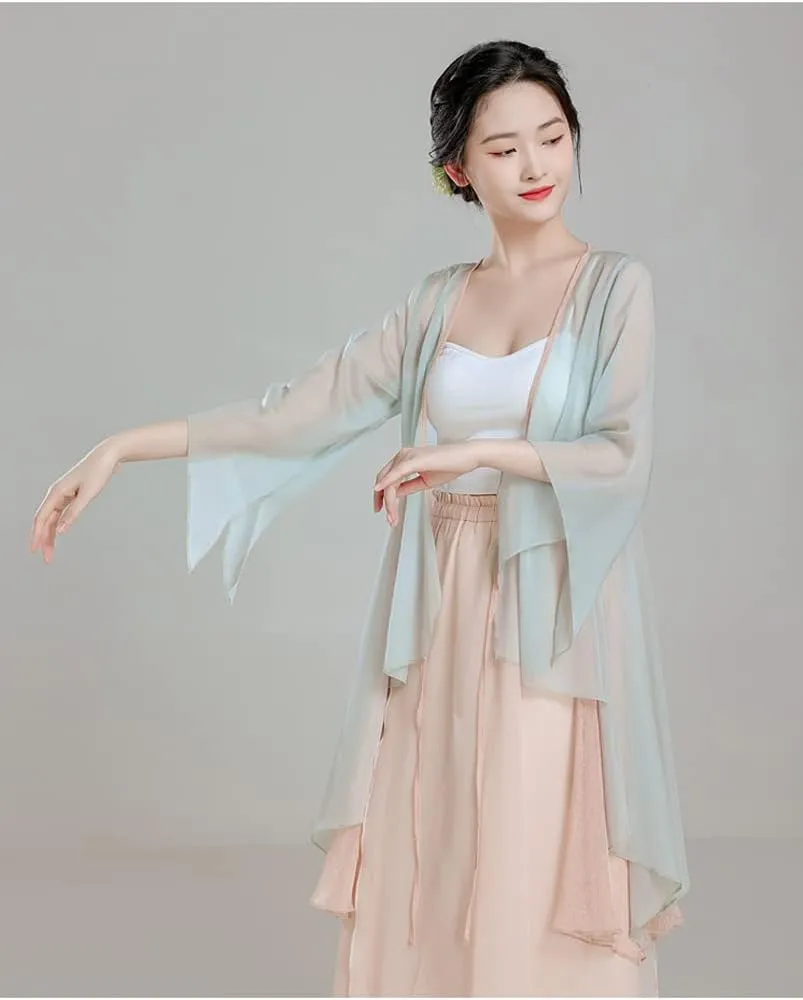 Angcoco Women's Long Sleeve Slit Ruffled Hem Chiffon Shirt Self-tie Cardigan Top
