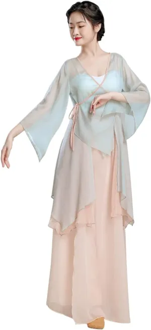 Angcoco Women's Long Sleeve Slit Ruffled Hem Chiffon Shirt Self-tie Cardigan Top