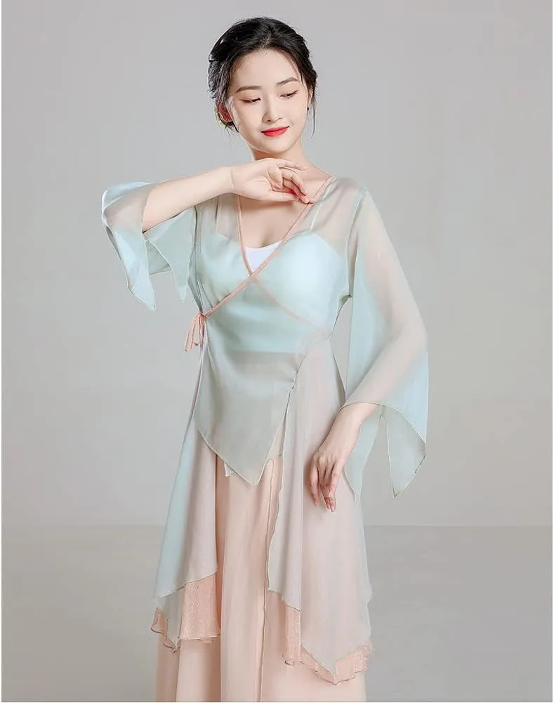 Angcoco Women's Long Sleeve Slit Ruffled Hem Chiffon Shirt Self-tie Cardigan Top