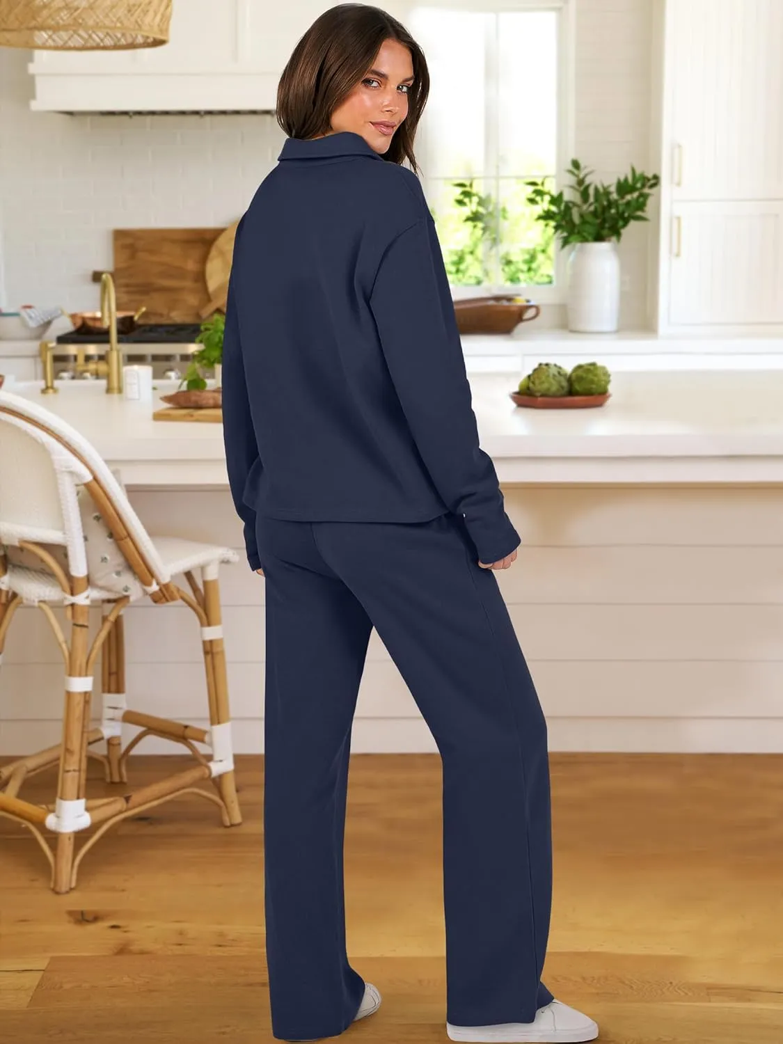 ANRABESS Lounge Sets for Women 2 Piece Outfits Sweatsuit Set Fall V Neck Sweatshirts Wide Leg Pants Tracksuits
