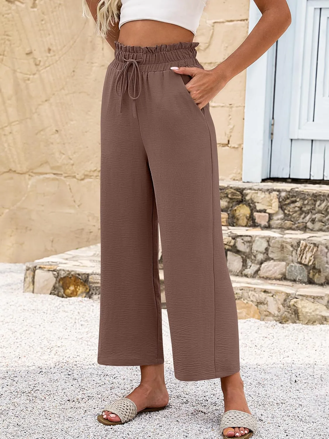 ANRABESS Women 2025 Summer Casual Flowy Loose High Waist Boho Wide Leg Cropped Palazzo Lounge Beach Vacation Pants Trousers