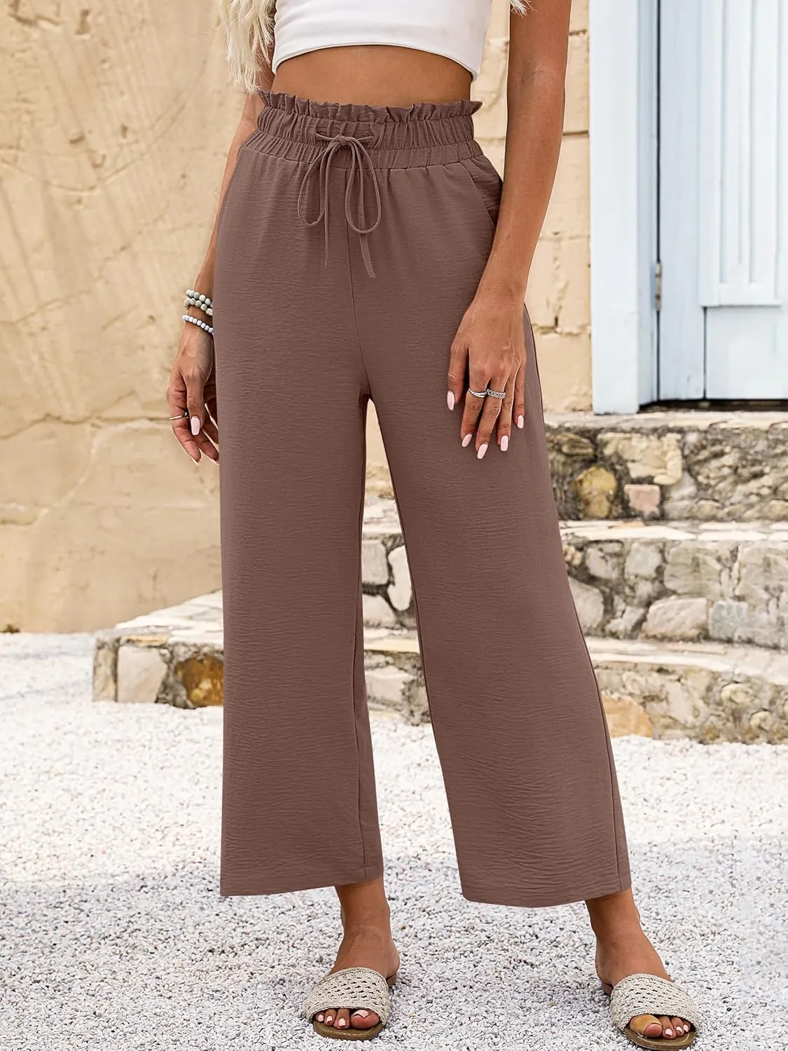 ANRABESS Women 2025 Summer Casual Flowy Loose High Waist Boho Wide Leg Cropped Palazzo Lounge Beach Vacation Pants Trousers