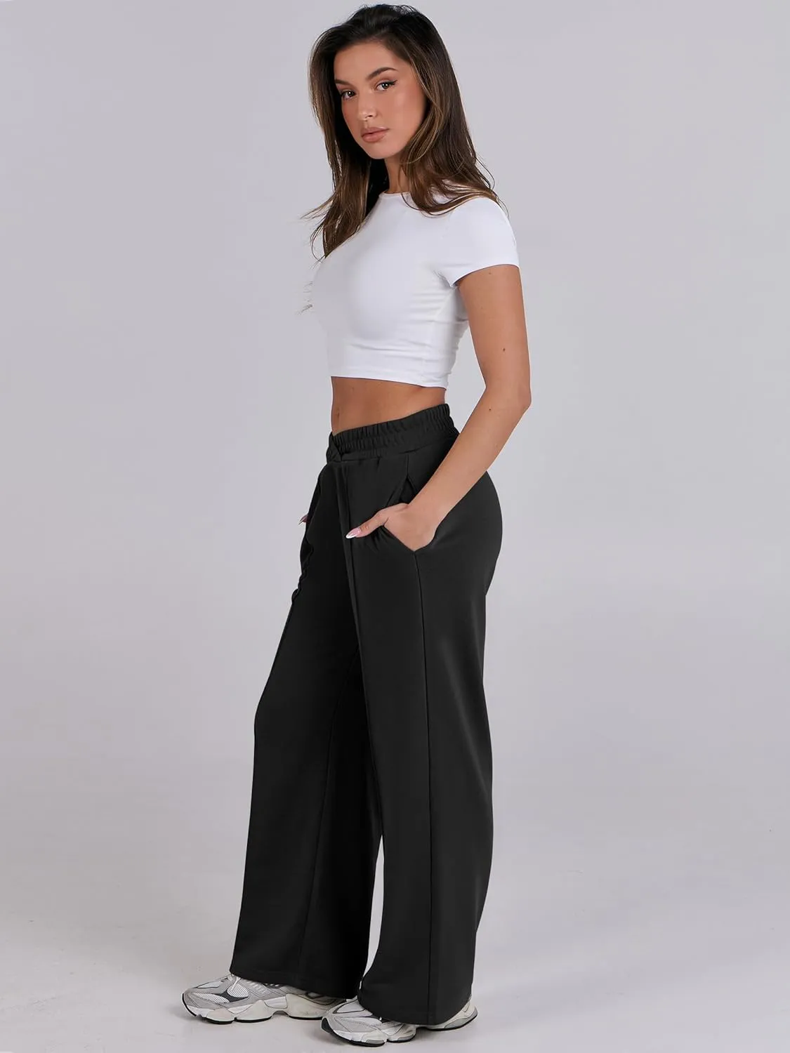 ANRABESS Women Asymmetric High Waist Wide Straight Leg Sweatpants with Pockets 2024 Fall Trendy Sweat Jogger Pants