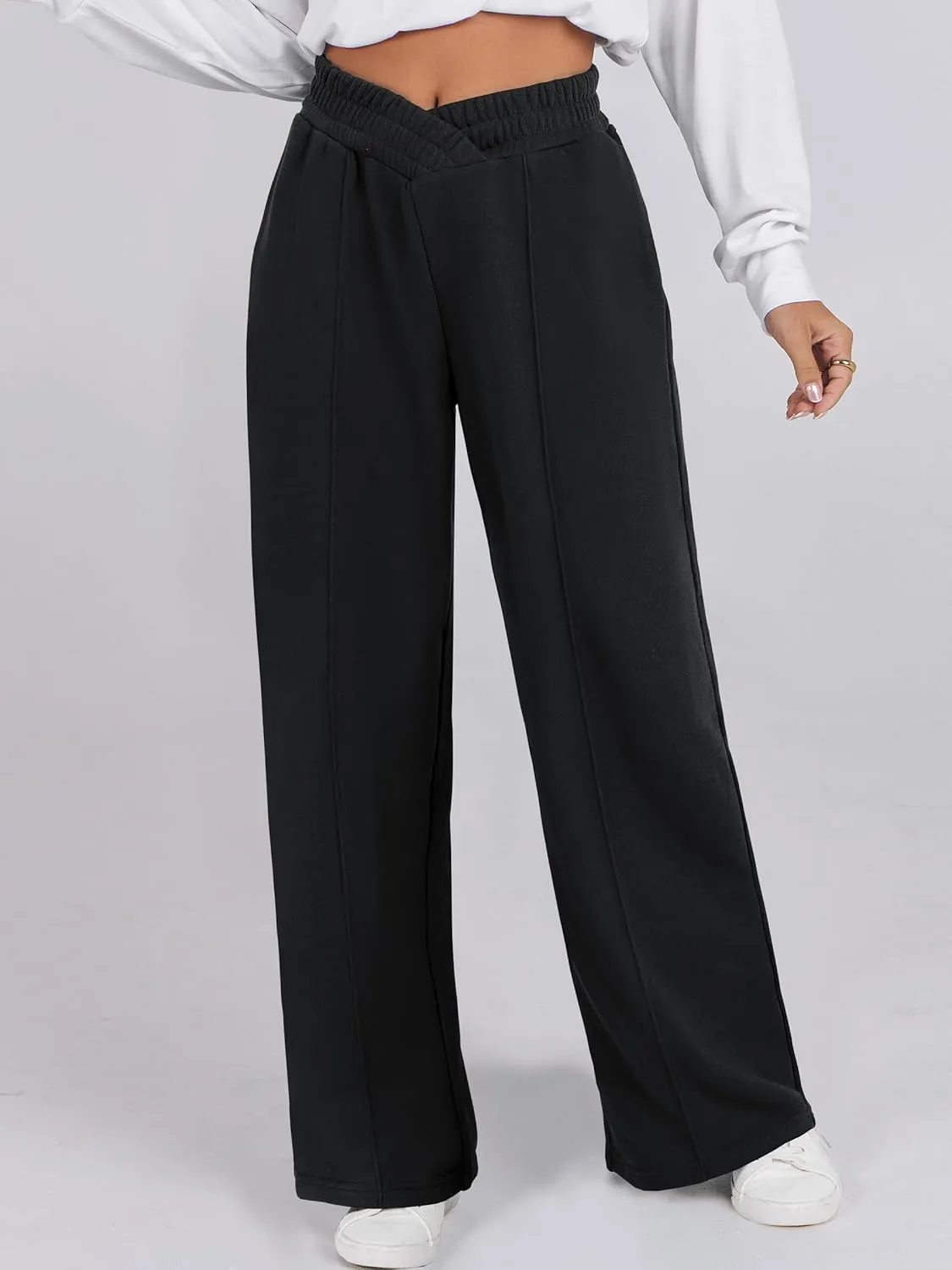 ANRABESS Women Asymmetric High Waist Wide Straight Leg Sweatpants with Pockets 2024 Fall Trendy Sweat Jogger Pants