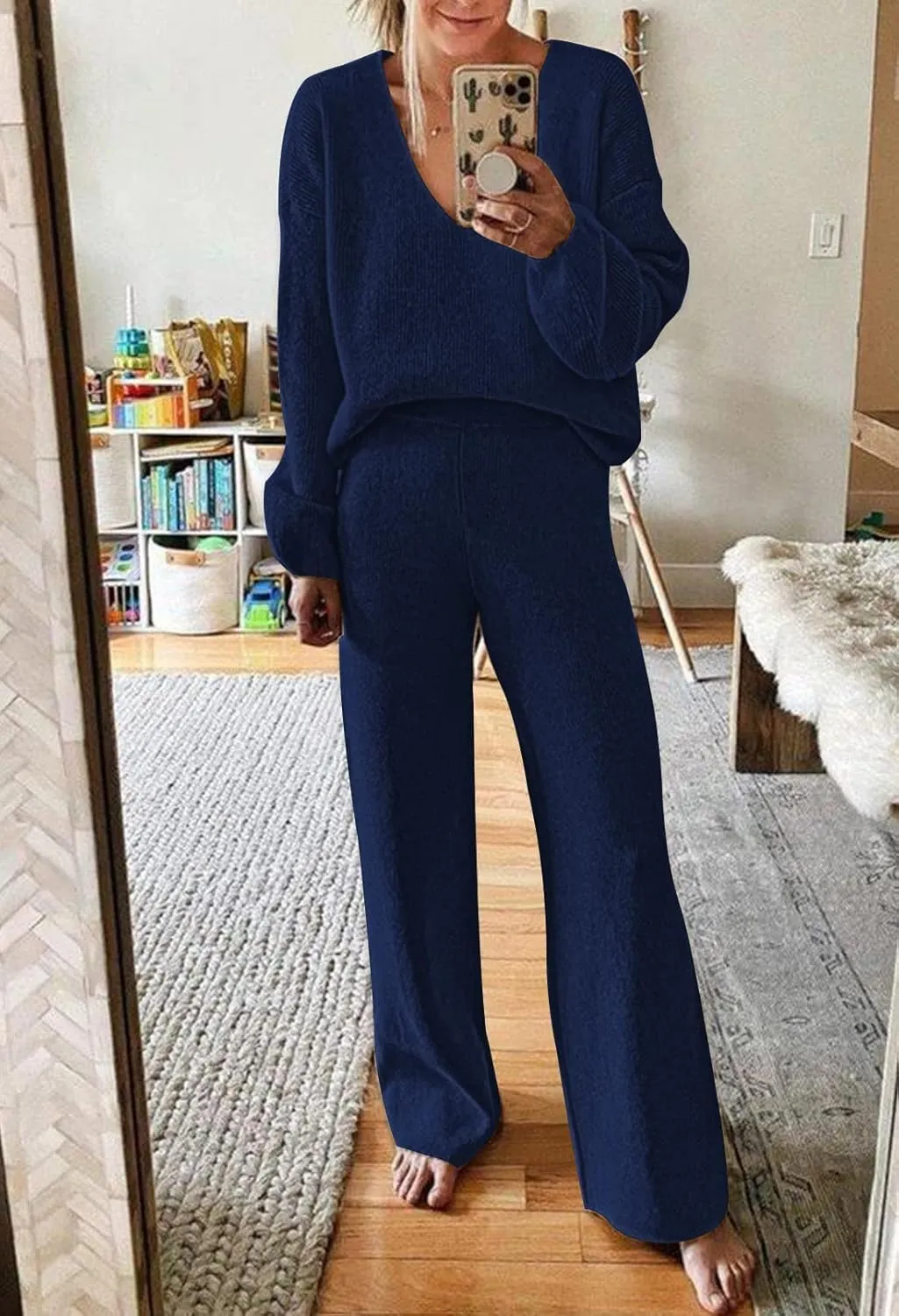 AOHITE Womens 2 Piece Outfits Casual V-neck Knit Pullover Sweater Wide Leg Pants Sleepwear Loungewear Set