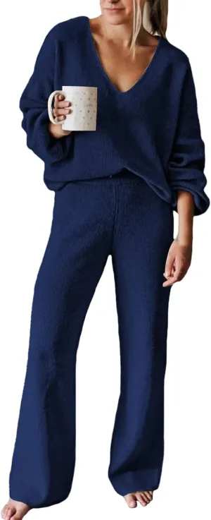 AOHITE Womens 2 Piece Outfits Casual V-neck Knit Pullover Sweater Wide Leg Pants Sleepwear Loungewear Set