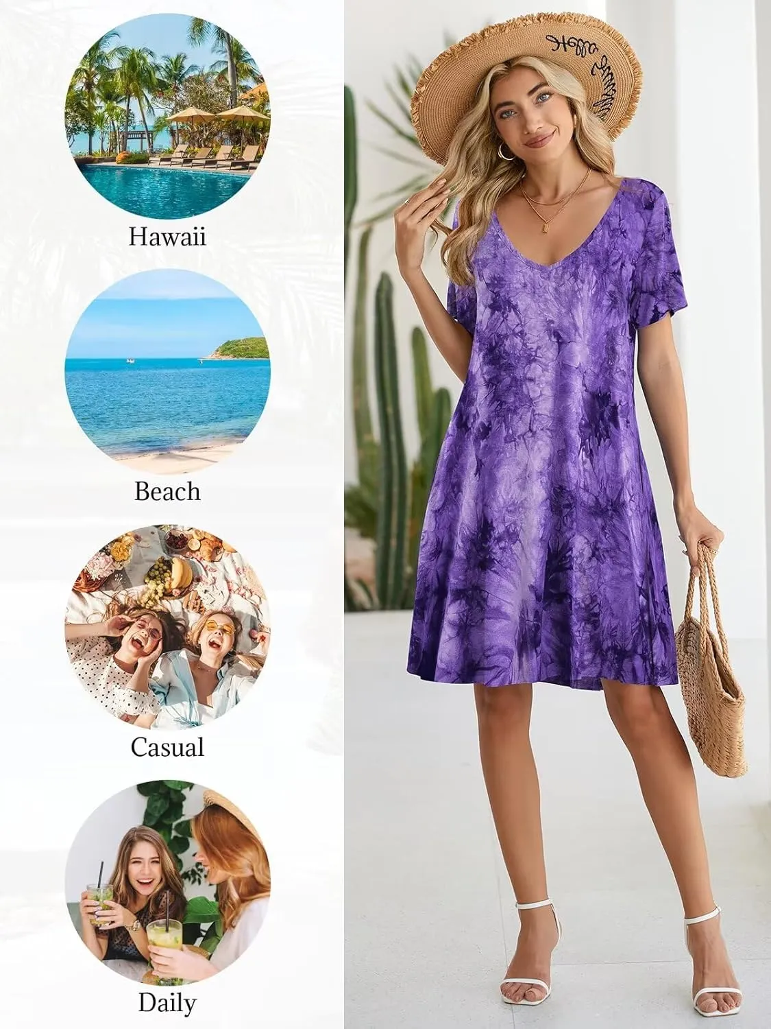 BELAROI Women Casual Summer Dresses Loose Tshirt Beach Sundress V Neck Plus Size Swing Tunic Pockets
