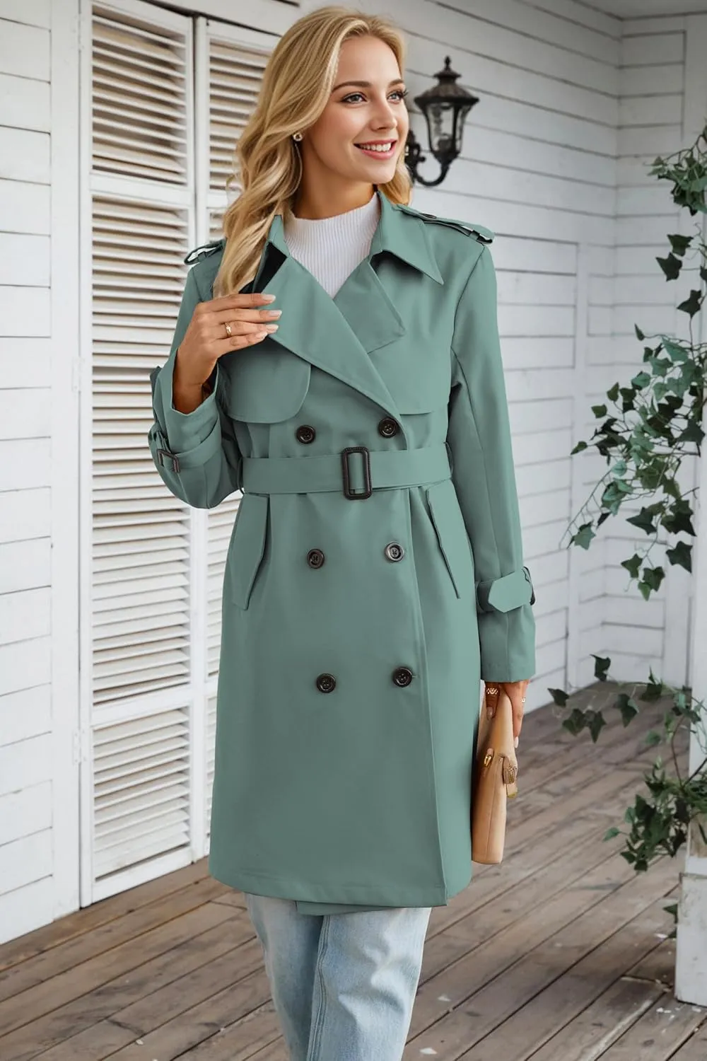 Betusline Women's Long Double-Breasted Waterproof Trench Coat with Belt