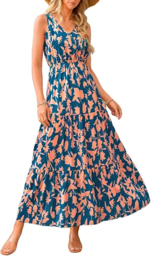 Boho Summer Dresses for Women 2025 Casual Floral Maxi Dress Sleeveless Bohemian Long Sundress Flowy Beach Dresses