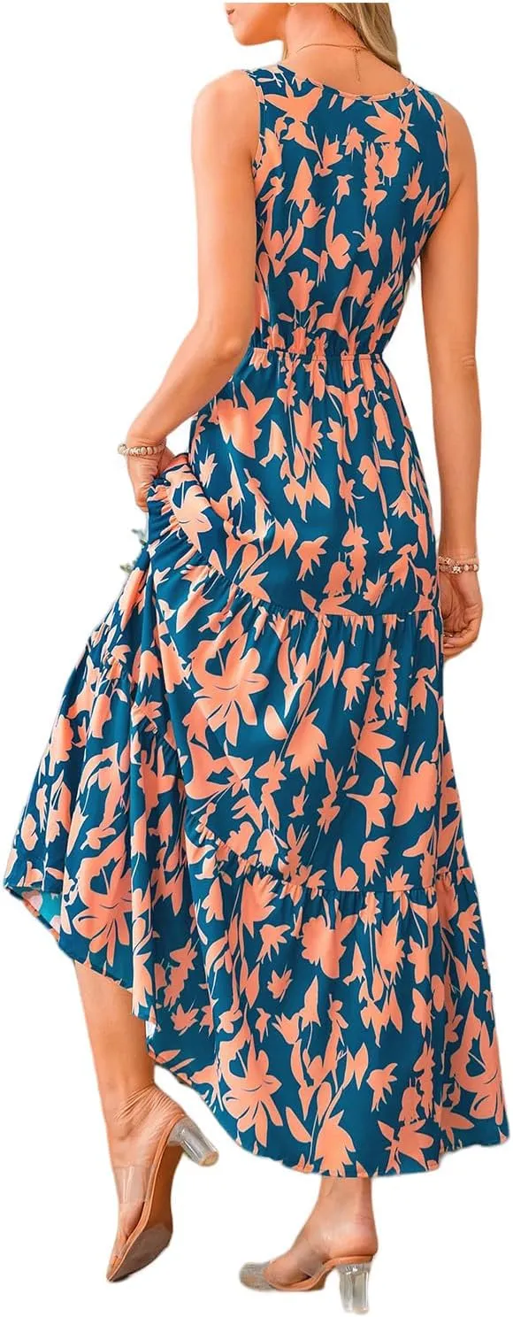 Boho Summer Dresses for Women 2025 Casual Floral Maxi Dress Sleeveless Bohemian Long Sundress Flowy Beach Dresses
