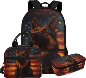 Boys Shepherd Dog Backpack and Lunch Box Set 3 Piece American Flag Bookbag for Kindergarten 6th Grade Lightweight 17 Inch School Bag Ages 6-8 Outdoor Activities