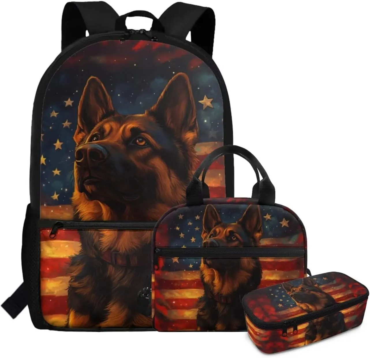 Boys Shepherd Dog Backpack and Lunch Box Set 3 Piece American Flag Bookbag for Kindergarten 6th Grade Lightweight 17 Inch School Bag Ages 6-8 Outdoor Activities