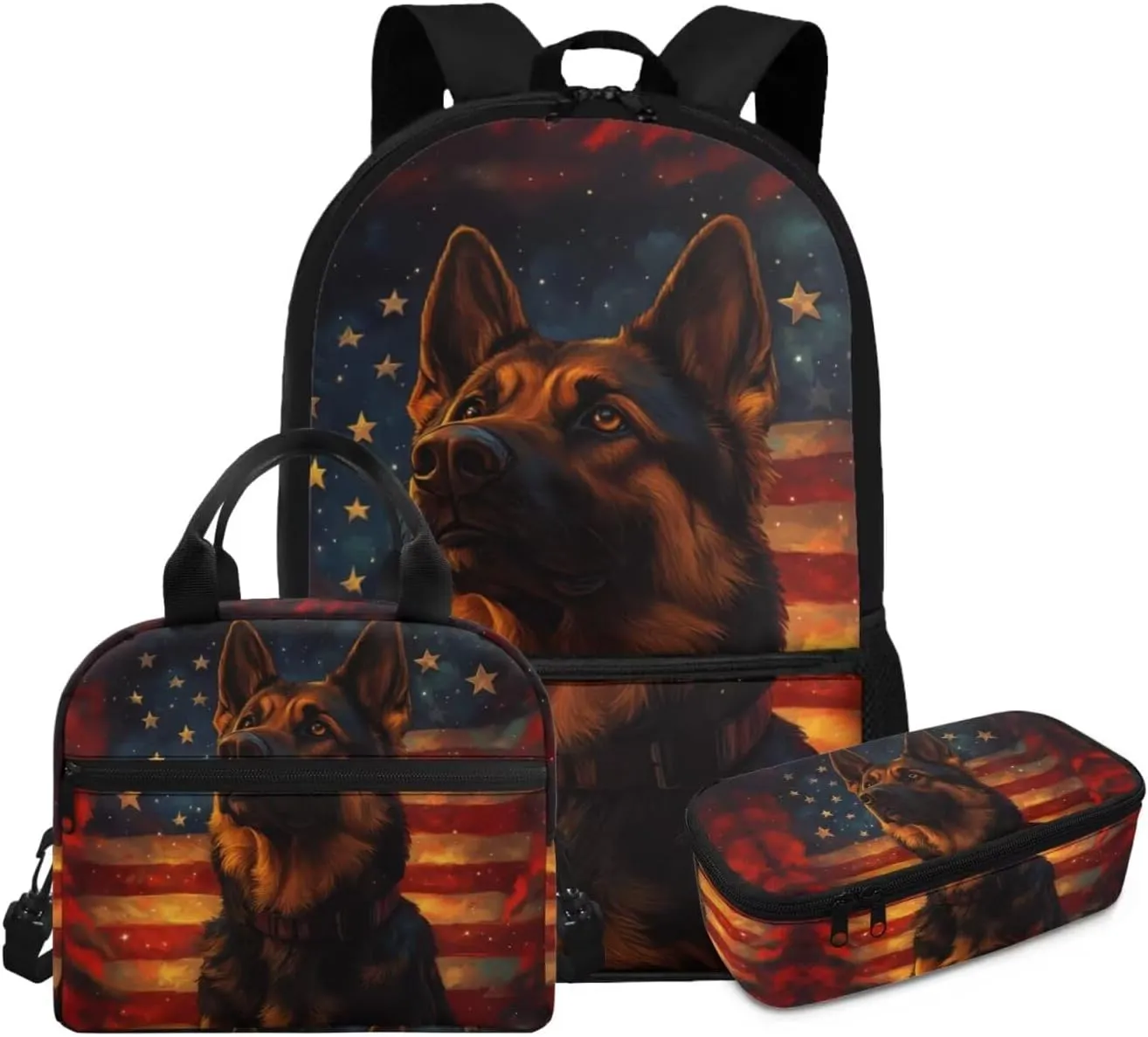 Boys Shepherd Dog Backpack and Lunch Box Set 3 Piece American Flag Bookbag for Kindergarten 6th Grade Lightweight 17 Inch School Bag Ages 6-8 Outdoor Activities