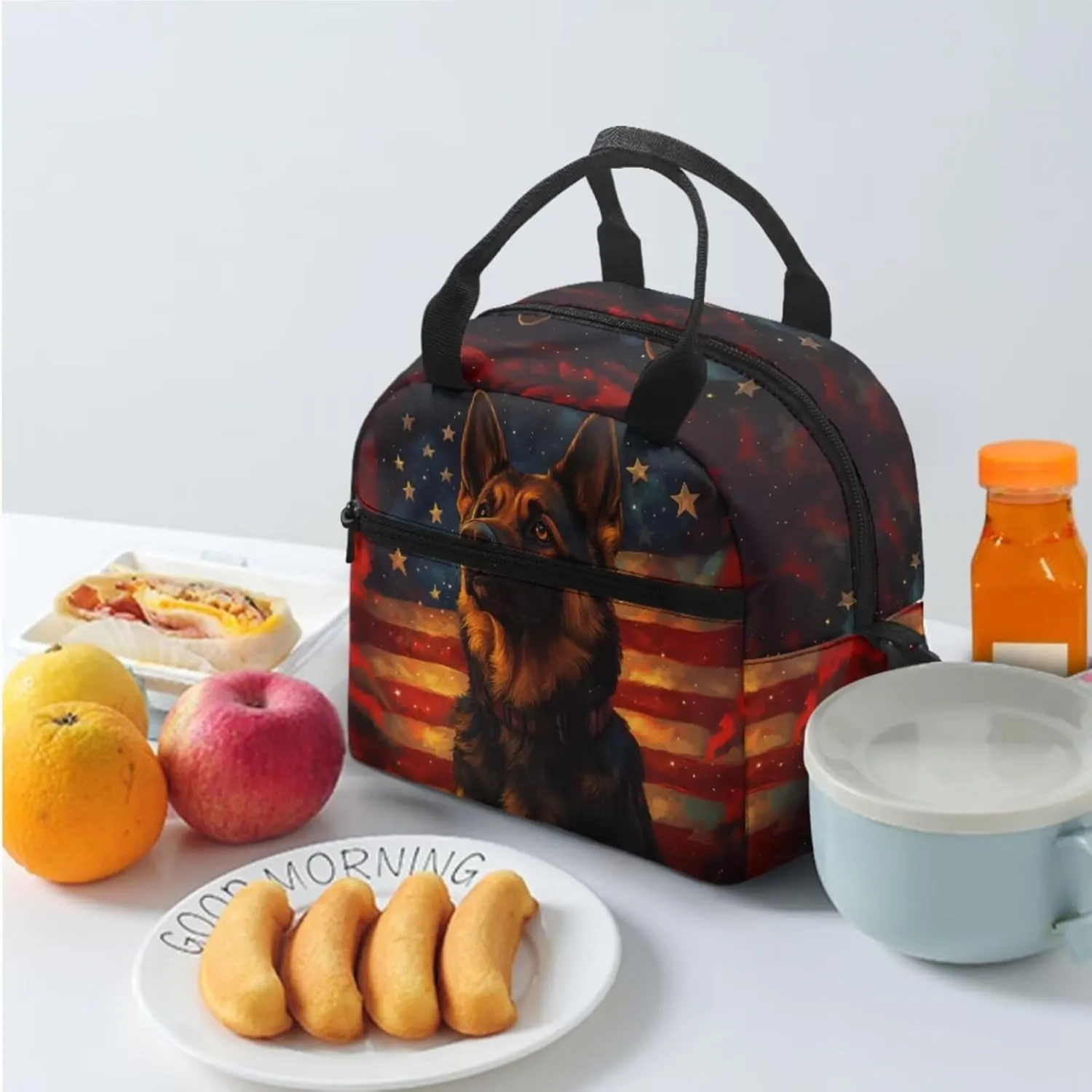 Boys Shepherd Dog Backpack and Lunch Box Set 3 Piece American Flag Bookbag for Kindergarten 6th Grade Lightweight 17 Inch School Bag Ages 6-8 Outdoor Activities