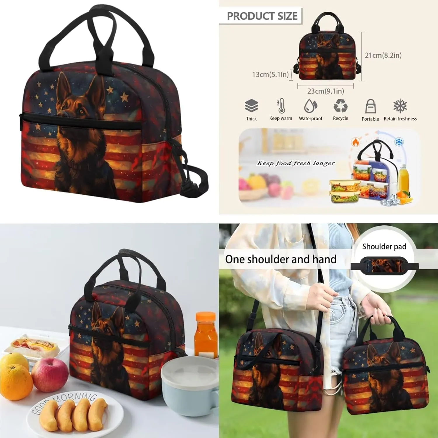 Boys Shepherd Dog Backpack and Lunch Box Set 3 Piece American Flag Bookbag for Kindergarten 6th Grade Lightweight 17 Inch School Bag Ages 6-8 Outdoor Activities