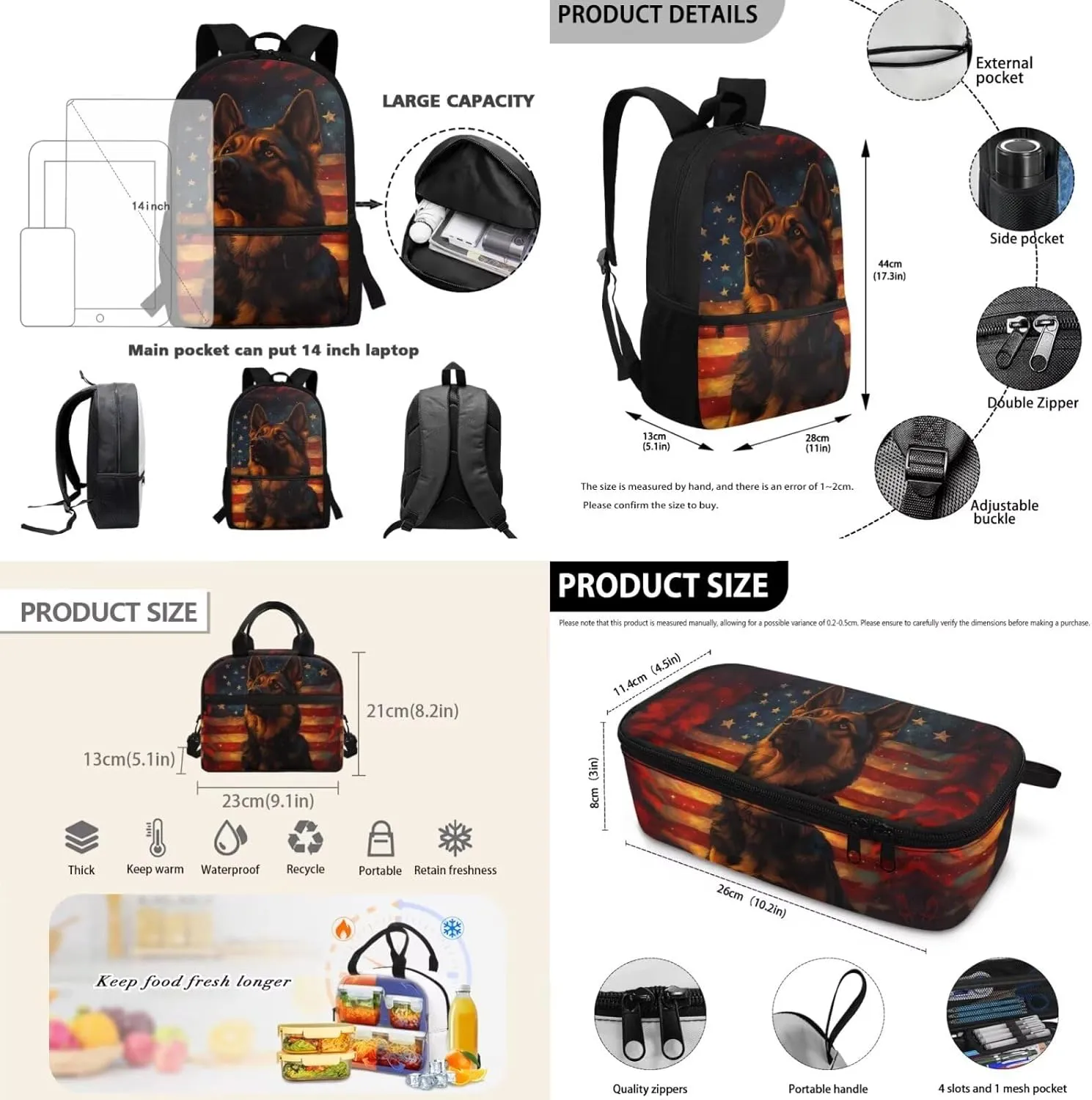 Boys Shepherd Dog Backpack and Lunch Box Set 3 Piece American Flag Bookbag for Kindergarten 6th Grade Lightweight 17 Inch School Bag Ages 6-8 Outdoor Activities