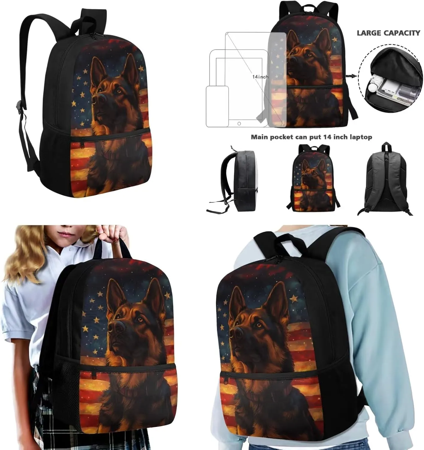 Boys Shepherd Dog Backpack and Lunch Box Set 3 Piece American Flag Bookbag for Kindergarten 6th Grade Lightweight 17 Inch School Bag Ages 6-8 Outdoor Activities