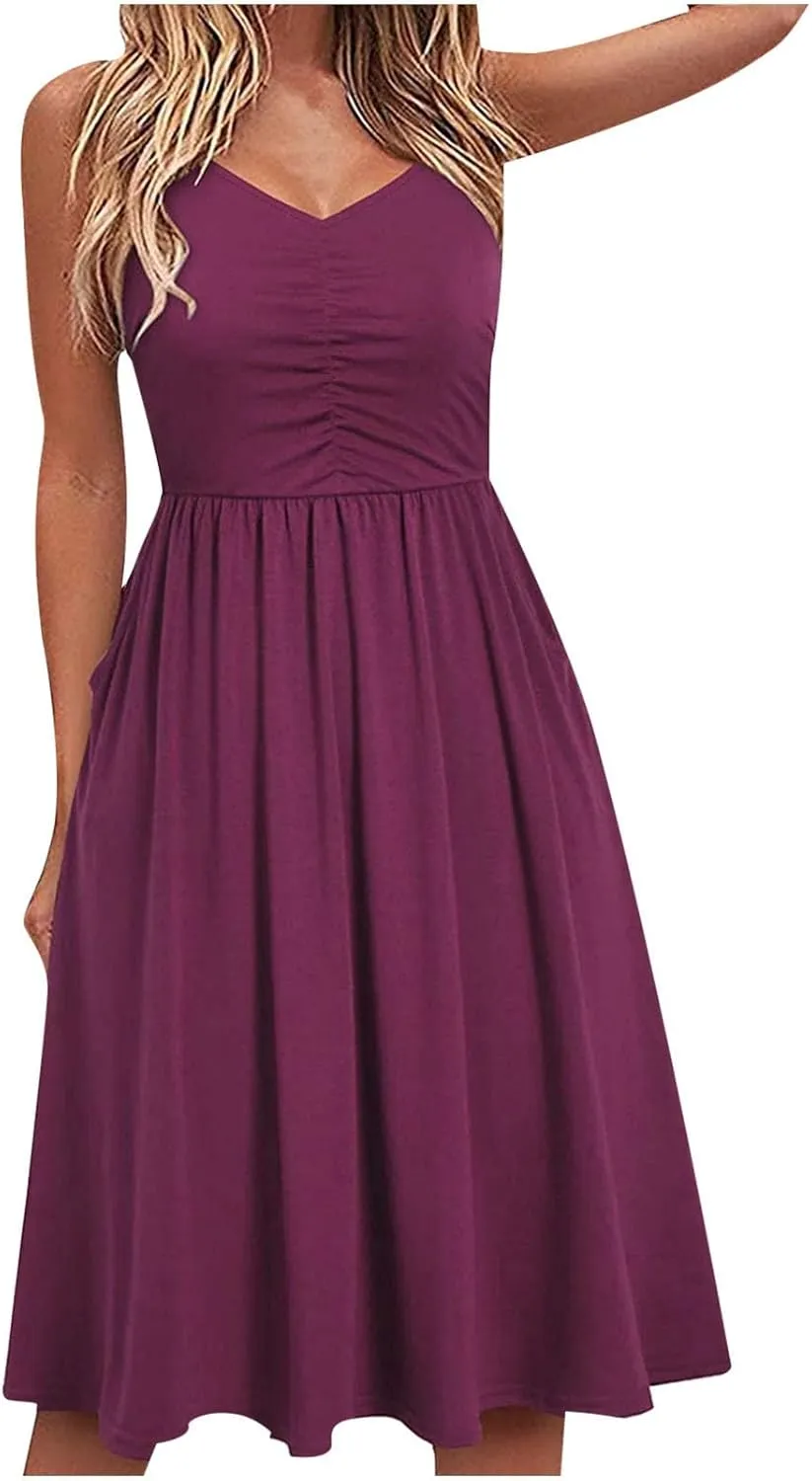 Casual Dresses for Women Summer Sleeveless Cotton Beach Dress A Line Spaghetti Strap Sundresses with Pockets Outfits