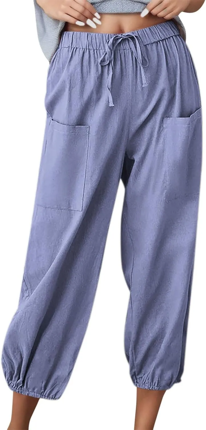 Casual Pants for Women High Waist Wide Leg Trousers Nine Tenths Length Lightweight Linen Blend Elastic Waist