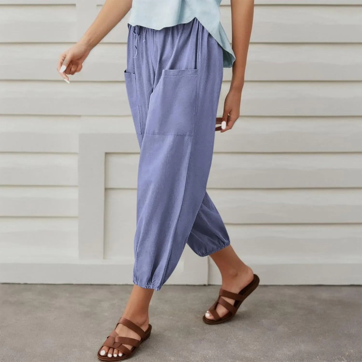 Casual Pants for Women High Waist Wide Leg Trousers Nine Tenths Length Lightweight Linen Blend Elastic Waist