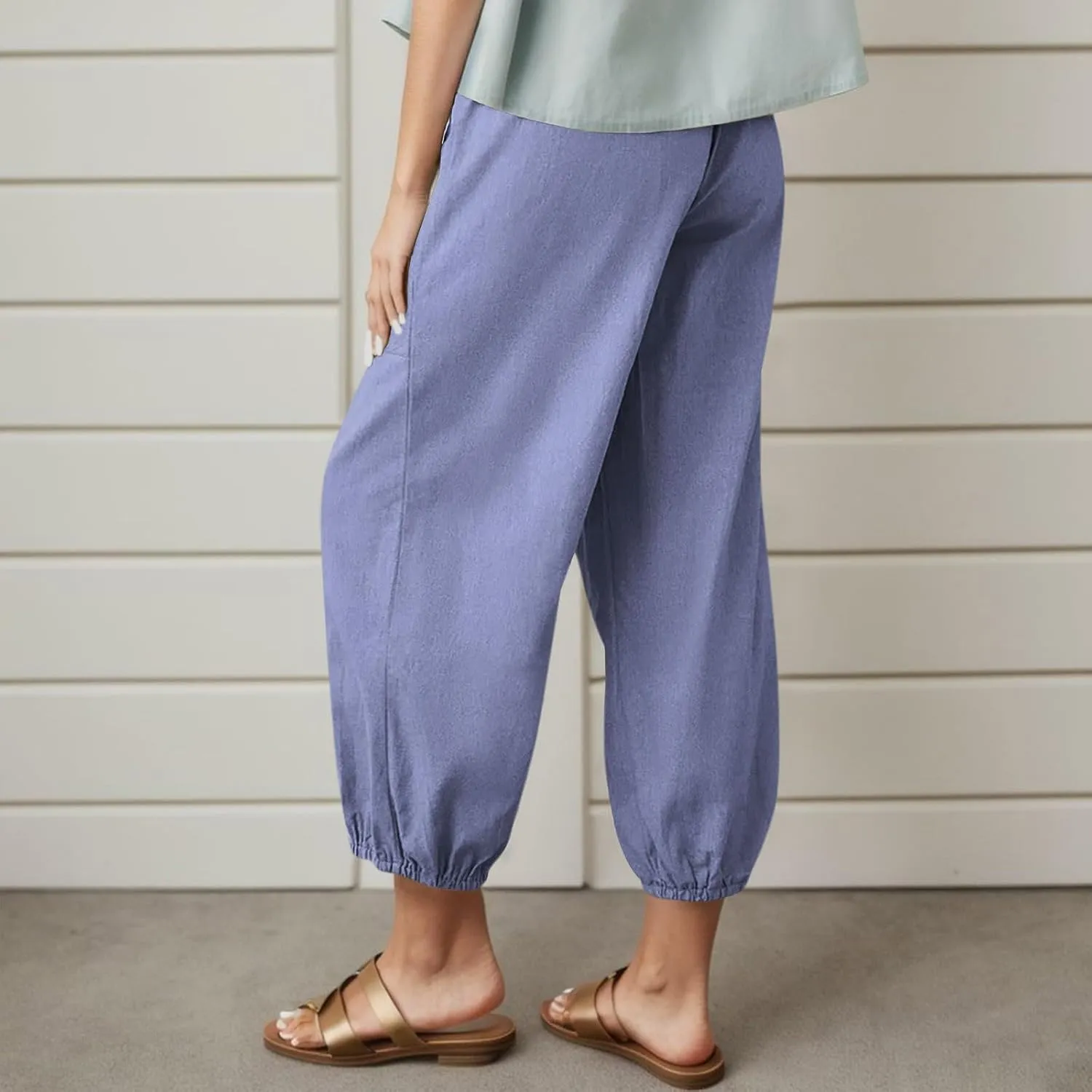 Casual Pants for Women High Waist Wide Leg Trousers Nine Tenths Length Lightweight Linen Blend Elastic Waist