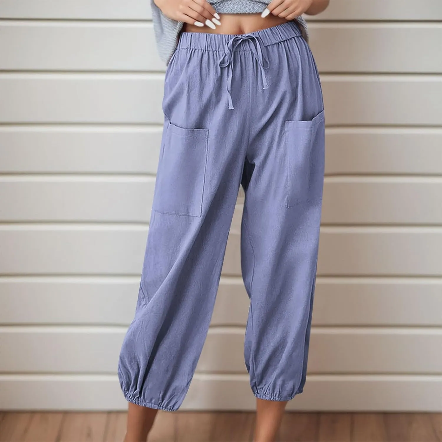Casual Pants for Women High Waist Wide Leg Trousers Nine Tenths Length Lightweight Linen Blend Elastic Waist