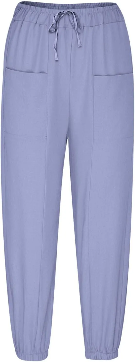Casual Pants for Women High Waist Wide Leg Trousers Nine Tenths Length Lightweight Linen Blend Elastic Waist