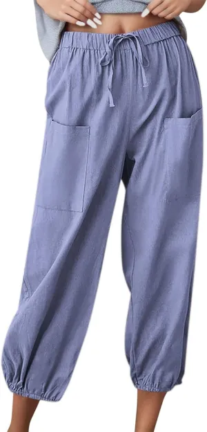 Casual Pants for Women High Waist Wide Leg Trousers Nine Tenths Length Lightweight Linen Blend Elastic Waist