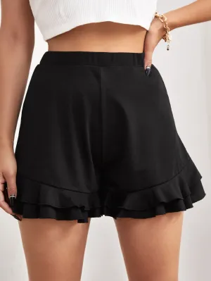 Casual Plain Ruffle Hem High Waist Women Shorts