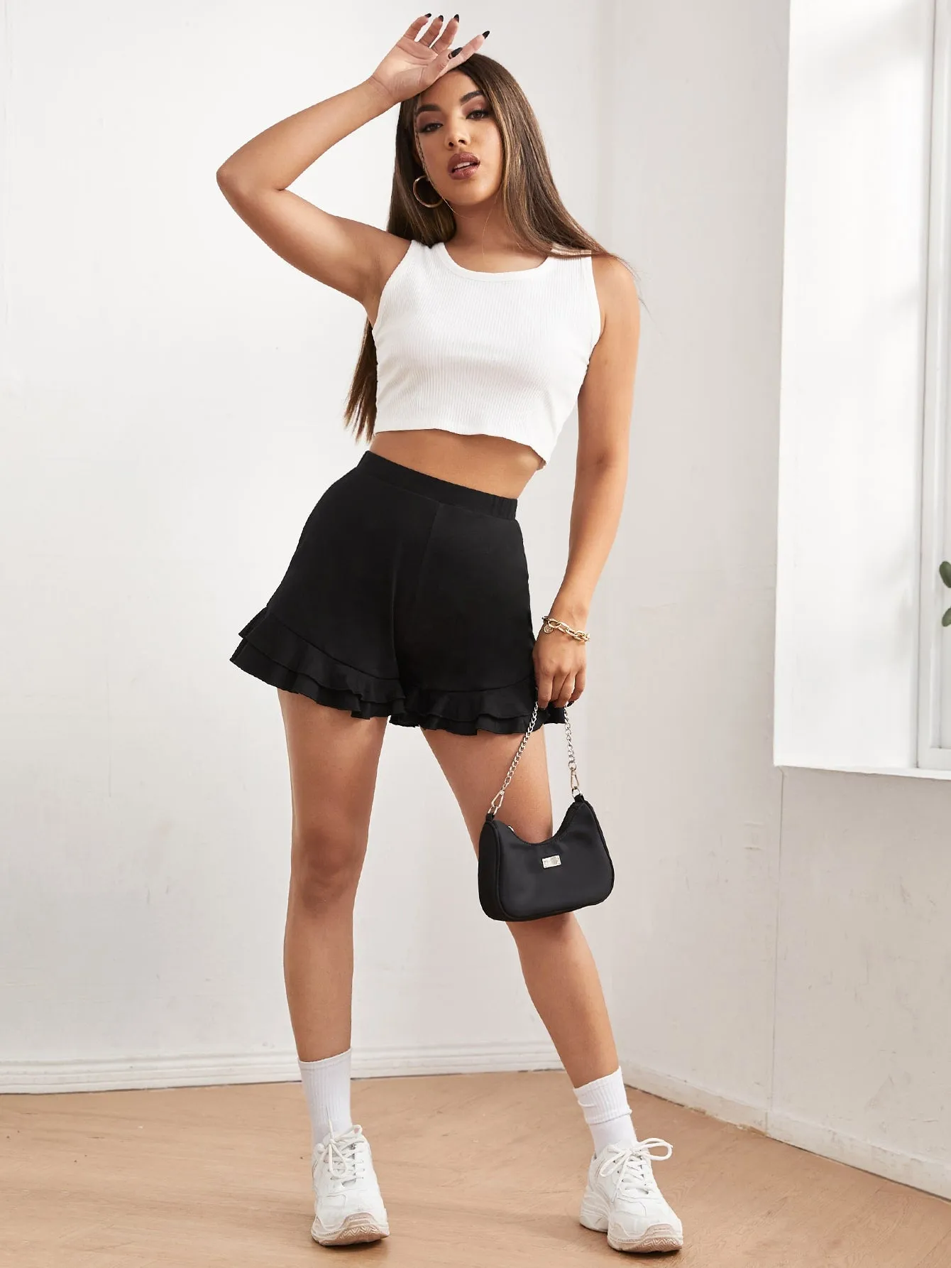Casual Plain Ruffle Hem High Waist Women Shorts