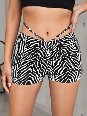 Casual Zebra Stripe Tie Back Natural Women Shorts