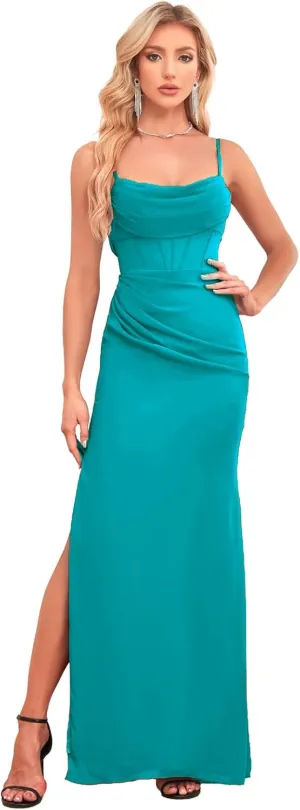 Chiffon Spaghetti Strap Bridesmaid Dresses for Wedding Women's Pleated Cowl Neck Formal Dresses with Slit