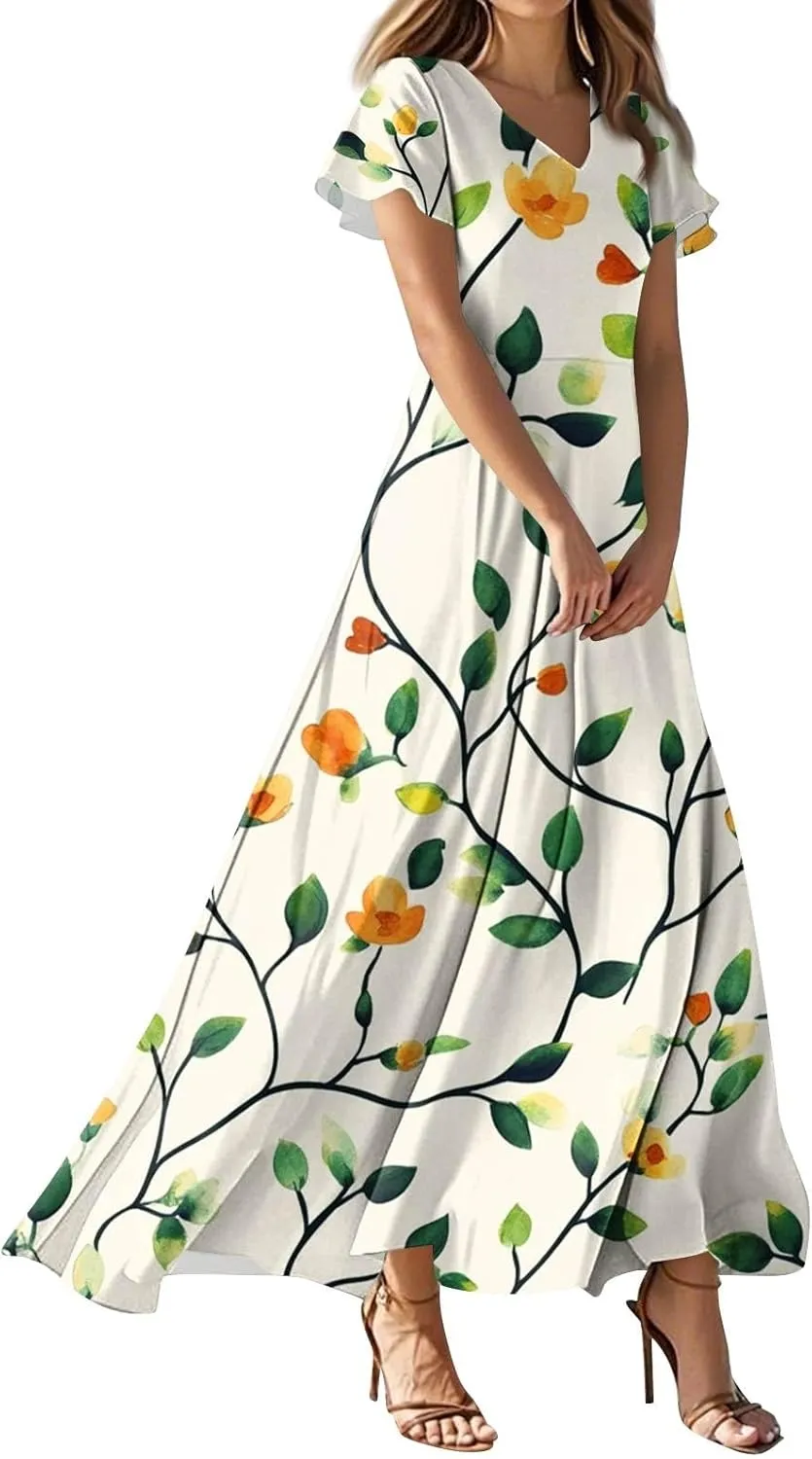Church Dresses for Women 2025 Summer Elegant Classy Flowy Ruffle Swing V Neck A Line Dress Casual Boho Long Sundress